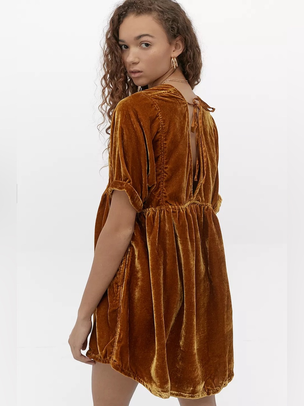 Free People Ivy Velvet Empire Babydoll Mini Dress Tie Back Gold Size Small